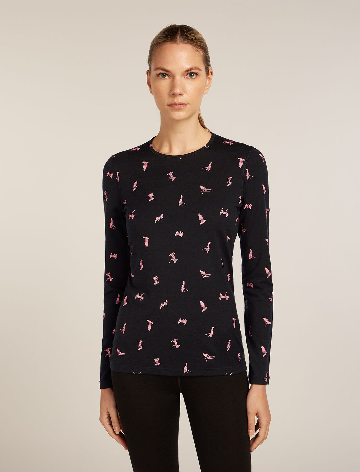 Women’s Merino 200 Oasis Long Sleeve Crew Thermal Top Snow Day Black/Acid Pink - 1