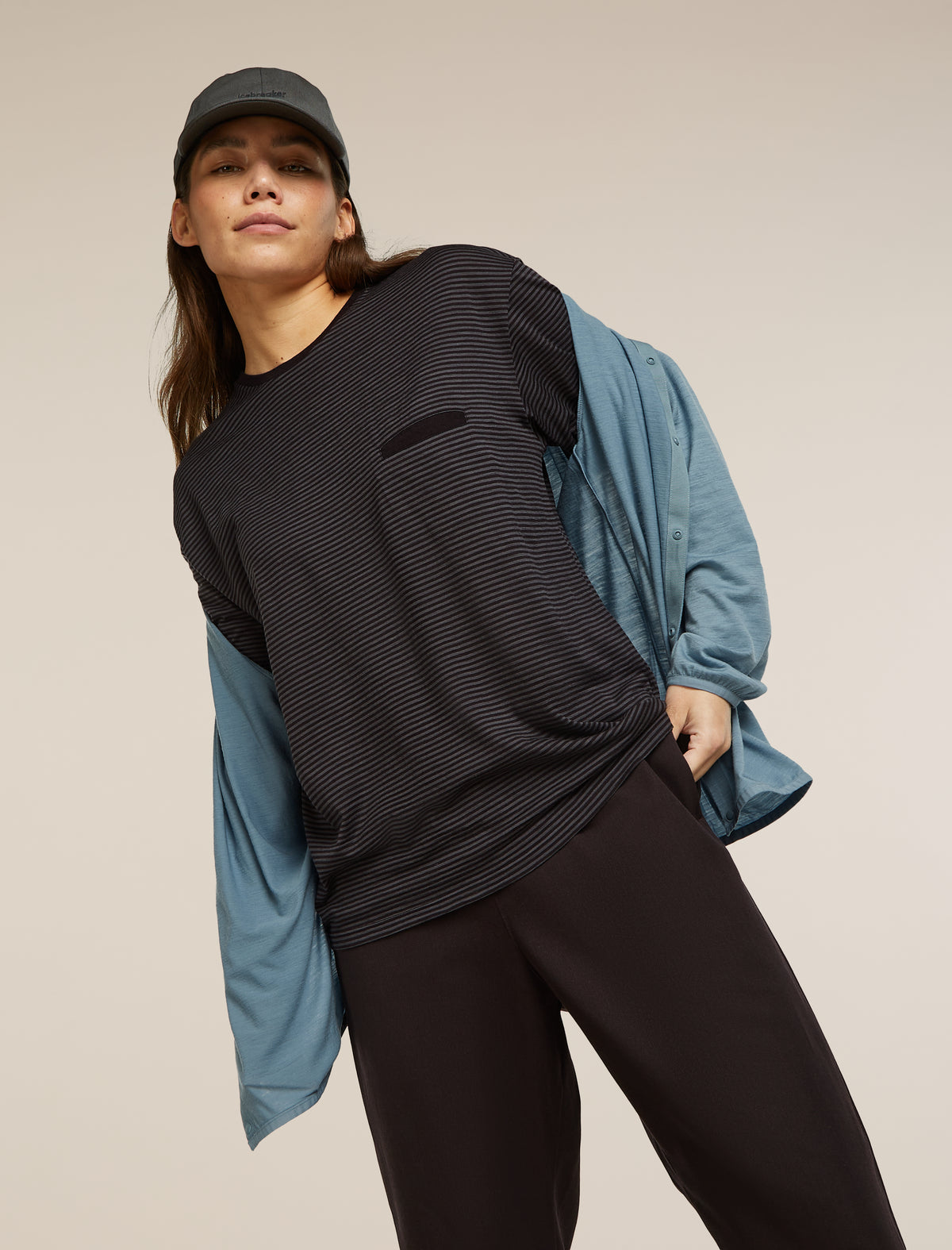 Unisex Merino 150 Short Sleeve T-Shirt Stripe Before dawn/Obsidian - 17