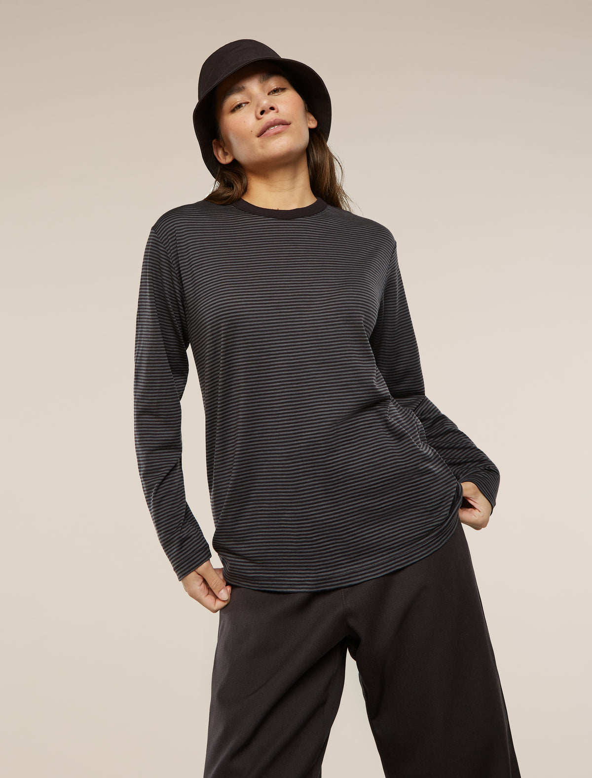 Unisex Merino 150 Long Sleeve T-Shirt Stripe Before dawn/Obsidian - 16