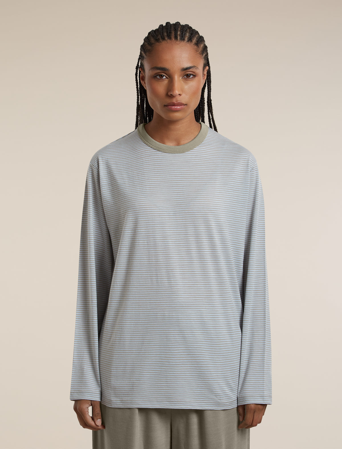 Unisex Merino 150 Long Sleeve T Shirt Stripe Smokey Gry/Zinc Blue - 2