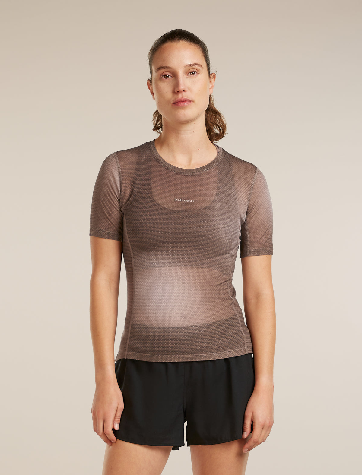 Women's Merino Blend 75 Cool-Lite™ Featherlight™ Short Sleeve Crewe AOP Porcini/Pink Quartz/Aop - 1
