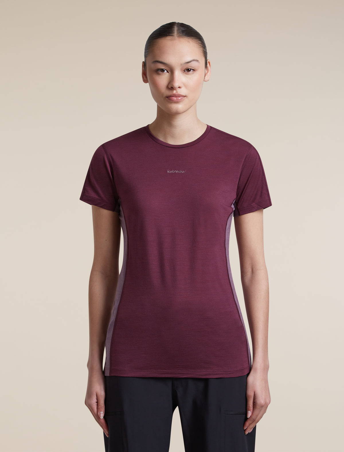 Women's Merino Blend 125 Cool-Lite™ Sphere Short Sleeve T Shirt Colour Block Dark Berry/Grey Plum - 1