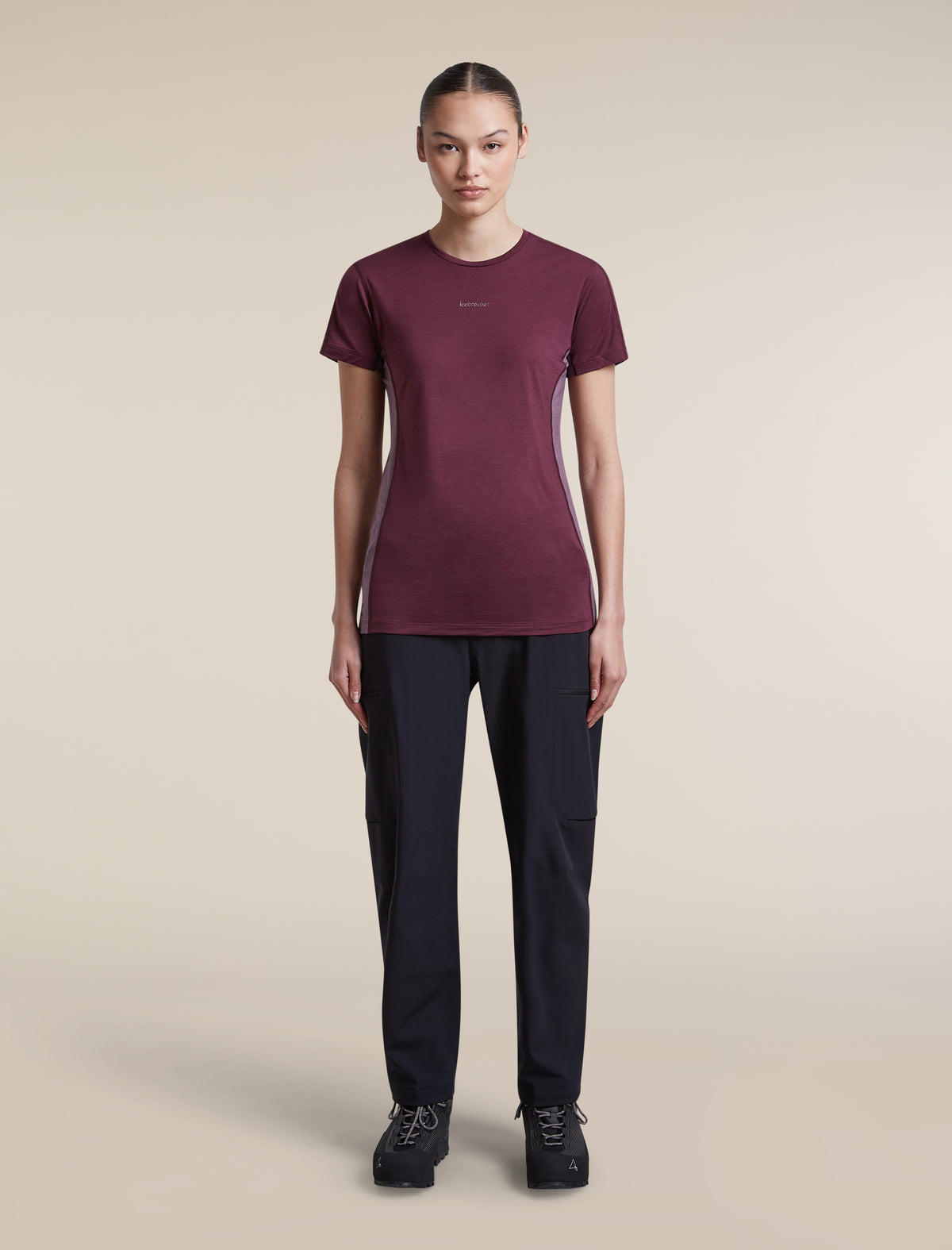 Women's Merino Blend 125 Cool-Lite™ Sphere Short Sleeve T Shirt Colour Block Dark Berry/Grey Plum - 3