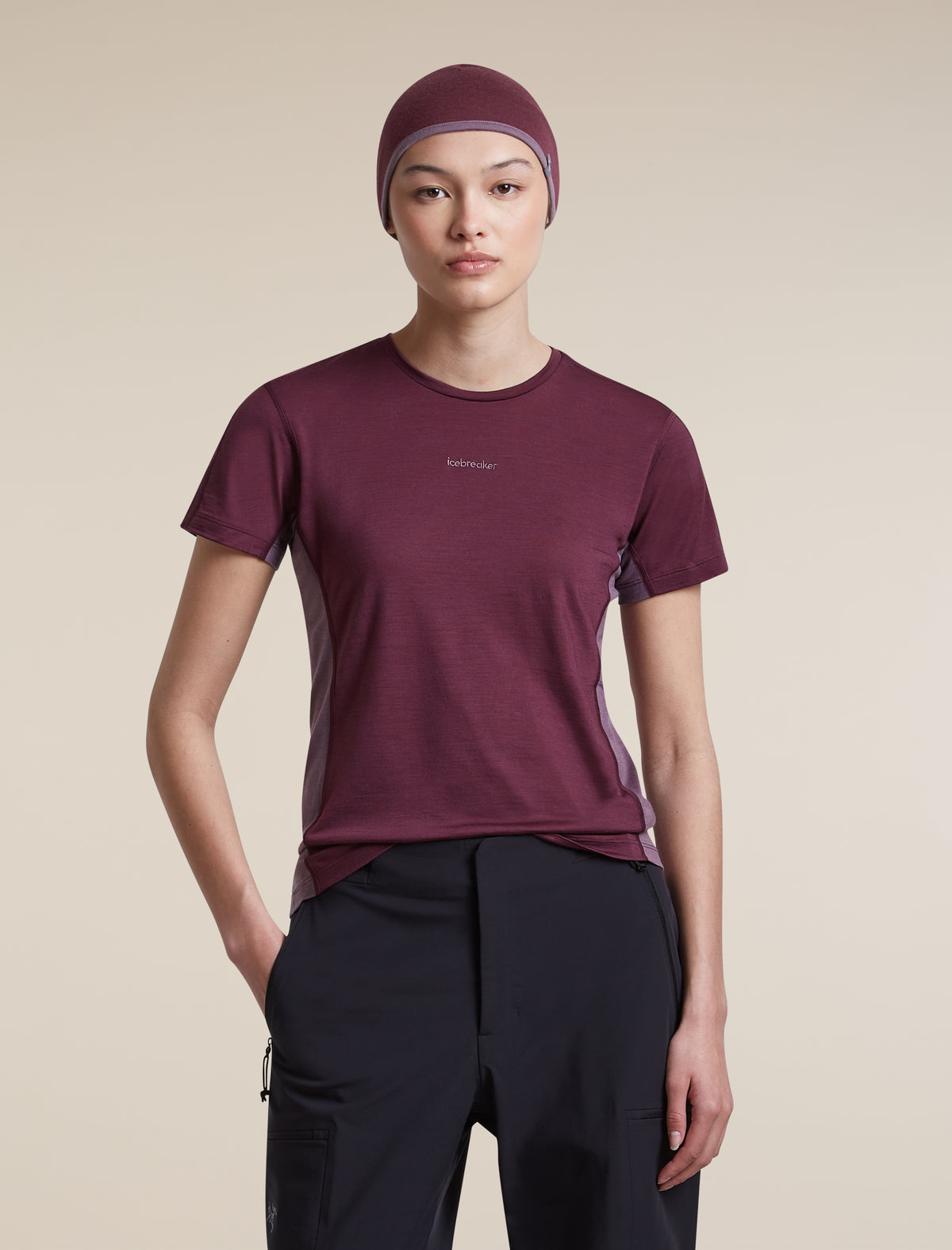 Women's Merino Blend 125 Cool-Lite™ Sphere Short Sleeve T Shirt Colour Block Dark Berry/Grey Plum - 5