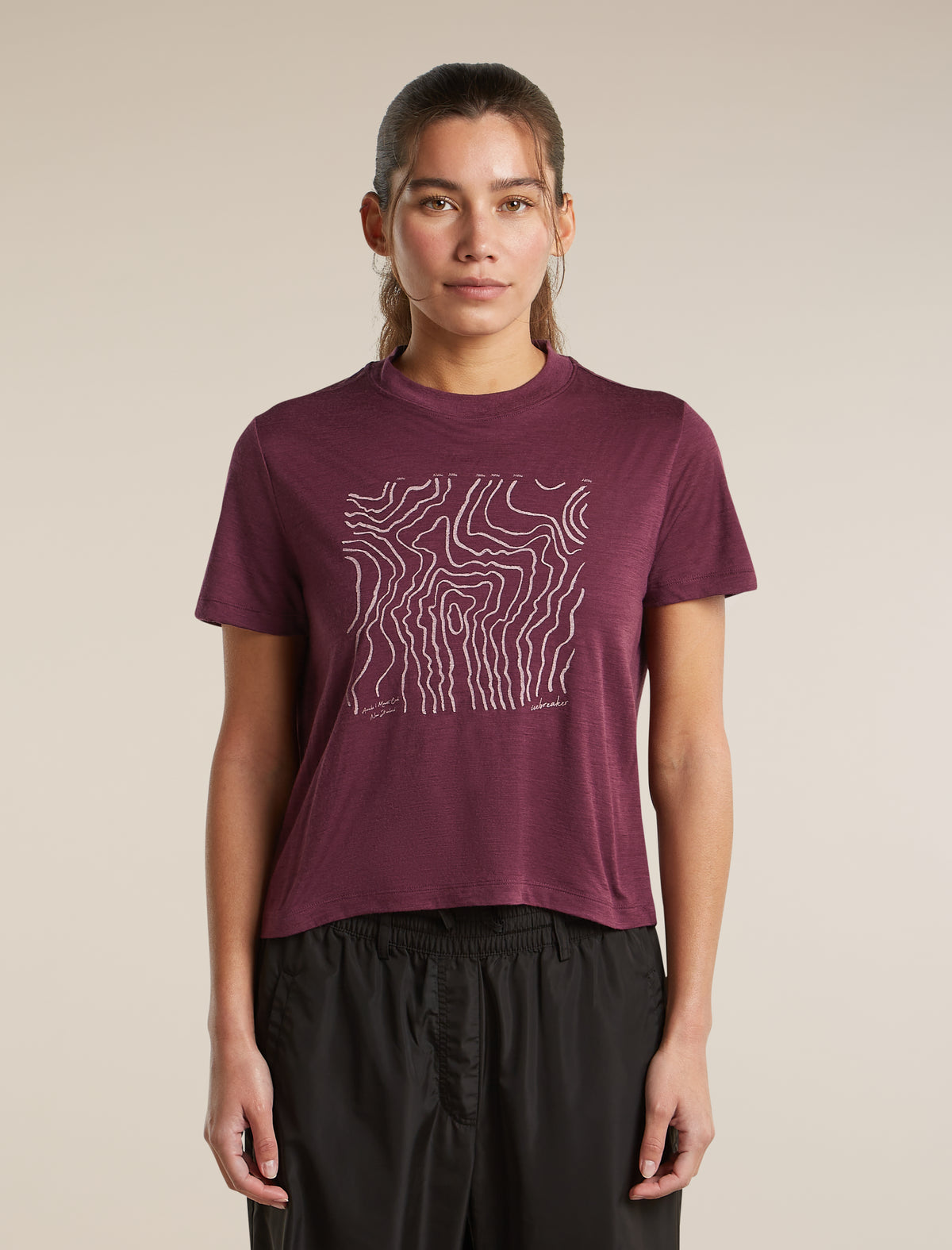 Women's Merino 150 Tech Lite Short Sleeve Crop T Shirt Great Heights Dark Berry - 1
